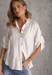 Biała Wiskozowa Koszula z Przedłużonym Tyłem Haftem i Podpinanymi Rękawami Sophora. Białe koszule damskie Renee, na lato, l, z aplikacjami, z materiału, casualowe, bez kołnierzyka, plus size, bez ramiączek. Za 69.99 zł.