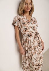 Beżowo-Pomarańczowa Kopertowa Sukienka w Kwiaty z Wiązanym Paskiem i Brokatem Hilingea. Brązowe sukienki damskie Born2be, z aplikacjami, biznesowe, bez ramiączek. Za 119.99 zł.