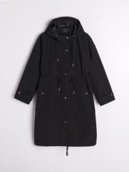 Płaszcz - czarny. Czarne płaszcze damskie Sinsay, l, bez wzorów, z kapturem. Za 119.99 zł.
