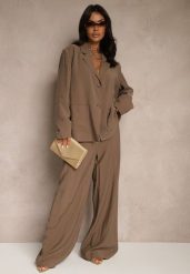 Brązowe Spodnie Low Waist z Modalu z Szeroką Nogawką Reanelira. Brązowe spodnie materiałowe damskie Renee, bez wzorów, z jeansu. Za 99.99 zł.