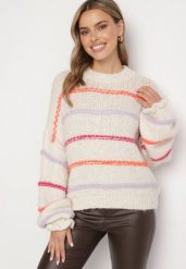 Jasnobeżowy Sweter Przeplatany Kolorowymi Nitkami z Domieszką Wełny Romirya. Brązowe swetry klasyczne damskie Born2be, uniwersalny, z wełny, bez kołnierzyka. Za 169.99 zł.
