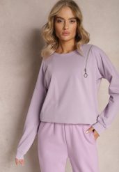 Jasnofioletowa Bluza z Okrągłym Dekoltem i Ozdobnym Suwakiem Saren. Fioletowe bluzy damskie Renee, bez wzorów, z bawełny, bez kaptura. Za 79.99 zł.