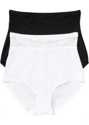 Figi panty shape, średni stopień modelowania sylwetki (2 pary). Czarne figi bonprix, bez wzorów, z koronki. Za 89.99 zł.