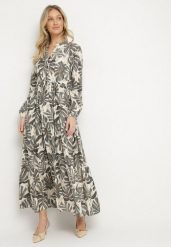 Beżowo-Szara Sukienka z Wiskozą o Rozkloszowanym Kroju z Motywem Roślinnym Edionilira. Brązowe sukienki damskie Born2be, bez wzorów, z wiskozy, eleganckie, bez ramiączek. W wyprzedaży za 118.99 zł.