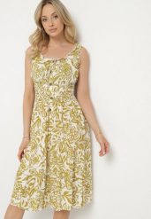 Jasnozielona Bawełniana Sukienka Rozkloszowana Ozdobiona Guzikami Lisavena. Zielone sukienki damskie Born2be, bez wzorów, z bawełny, eleganckie, bez ramiączek. Za 69.99 zł.