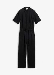 Kombinezon z czystego lnu. Niebieskie kombinezony damskie bonprix, na lato, bez wzorów, ze lnu, eleganckie, bez kołnierzyka, bez ramiączek. Za 319.99 zł.