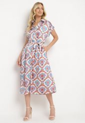 Niebiesko-Pomarańczowa Koszulowa Boho Sukienka z Wiskozą na Guziki z Paskiem Hosofia. Niebieskie sukienki damskie Born2be, bez wzorów, z materiału, boho, bez ramiączek. Za 159.99 zł.