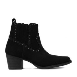 Kowbojki DeeZee. Czarne botki damskie DeeZee, bez obcasa, na słupku, bez zapięcia. Za 179.99 zł.