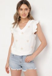 Biała Wiskozowa Bluzka z Lnem Zdobiona Haftem i Falbanami Neliorra. Białe bluzki damskie Born2be, m, z aplikacjami, z jeansu, eleganckie, bez kołnierzyka, bez ramiączek. Za 69.99 zł.