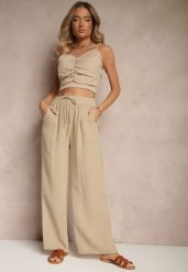 Beżowe Szerokie Spodnie Palazzo High Waist z Ozdobnym Wiązaniem Arandiel. Brązowe spodnie materiałowe damskie Renee, bez wzorów, z jeansu. Za 39.99 zł.