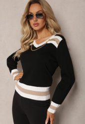 Czarny Sweter Ozdobiony Metalowym Łańcuszkiem przy Szyi ze Ściągaczami Aclitsal. Czarne swetry klasyczne damskie Renee, bez kołnierzyka. Za 54.99 zł.