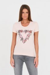 GUESS Różowy t-shirt z logo. Czerwone t-shirty damskie Guess, s, z aplikacjami, z bawełny, bez kołnierzyka. W wyprzedaży za 184.99 zł.