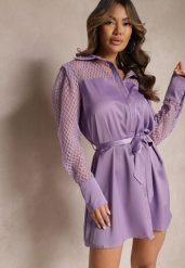 Fioletowa Mini Sukienka o Koszulowym Fasonie z Materiałowym Paskiem i Siateczką Idanes. Fioletowe sukienki damskie Renee, bez wzorów, z materiału, eleganckie, bez ramiączek. W wyprzedaży za 99.99 zł.