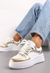 Biało-Złote Sneakersy z Cholewką z Licznymi Wstawkami na Grubej Podeszwie Lenarise. Białe obuwie sportowe damskie Renee, z dresówki, bez zapięcia. Za 89.99 zł.