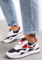 Biało-Granatowe Sznurowane Sneakersy na Płaskiej Podeszwie Salisa. Białe obuwie sportowe damskie Renee, z jeansu, bez zapięcia. Za 34.99 zł.