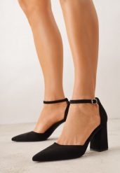 Czarne Czółenka z Imitacji Zamszu na Słupku z Noskiem w Szpic Violetto. Czarne czółenka damskie Born2be, bez wzorów, z jeansu, bez obcasa, na słupku. Za 79.99 zł.