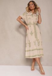Beżowa Koszulowa Sukienka z Wiskozy Ozdobiona Paskiem i Haftem Divirea. Brązowe sukienki damskie Renee, z aplikacjami, z materiału, eleganckie, bez ramiączek. W wyprzedaży za 119.99 zł.