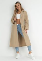 Beżowy Płaszcz Oversize z Wiązanym Paskiem Ziyanna. Brązowe płaszcze damskie Born2be, l, bez wzorów, z materiału, bez kaptura. Za 289.99 zł.