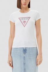 GUESS Biały damski t-shirt z logo z cyrkoniami Triangle Rhinestones, Rozmiar XL. Białe t-shirty damskie Guess, xl, z aplikacjami, bez kołnierzyka. Za 239.99 zł.