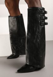 Czarne Kozaki na Obcasie Ozdobione Wywiniętą Cholewką z Paskami i Klamrami Liennia. Czarne kozaki damskie Born2be, bez obcasa, na obcasie, bez zapięcia. Za 179.99 zł.