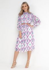 Fioletowa Pudełkowa Sukienka Midi z Plisowaniem i Paskiem Neromeda. Fioletowe sukienki damskie Born2be, bez wzorów, eleganckie, bez ramiączek. W wyprzedaży za 127.49 zł.