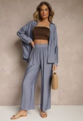 Niebieski Komplet Oversize z Koszulą i Spodniami Ulonelia. Niebieskie koszule damskie Renee, l, bez wzorów, eleganckie, bez kołnierzyka, bez ramiączek. Za 99.99 zł.