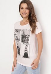 Jasnoróżowy Bawełniany T-shirt z Nadrukiem i Brokatem Kruita. Czerwone t-shirty damskie Born2be, l, bez wzorów, z bawełny, bez kołnierzyka. Za 49.99 zł.