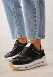 Czarne Sneakersy na Grubej Podeszwie z Siateczkowymi i Metalicznymi Wstawkamu Sewtira. Czarne obuwie sportowe damskie Born2be, z jeansu, bez zapięcia. Za 89.99 zł.