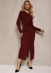 Bordowa Sukienka z Ozdobnym Wycięciem i Wiązaniem Zeiini. Czerwone sukienki damskie Renee, bez wzorów, eleganckie, bez ramiączek. Za 149.99 zł.