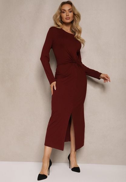 Bordowa Sukienka z Ozdobnym Wycięciem i Wiązaniem Zeiini. Czerwone sukienki damskie Renee, bez wzorów, eleganckie, bez ramiączek. Za 149.99 zł.