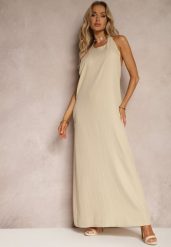Beżowa Sukienka Trapezowa z Kieszeniami i Wiązaniem na Szyi Nestaulia. Brązowe sukienki damskie Renee, bez wzorów, z jeansu, eleganckie, bez ramiączek. W wyprzedaży za 111.99 zł.