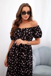 Sukienka damska maxi w kwiaty z bufkami czarna. Czarne sukienki damskie Kesi Włoski, bez wzorów, z elastanu, wakacyjne, bez ramiączek. Za 196.55 zł.