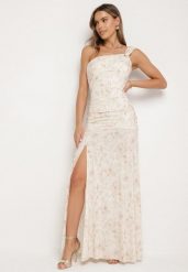 Beżowa Taliowana Sukienka na Jedno Ramię w Kwiatowy Wzór Melanisea. Brązowe sukienki damskie Born2be, bez wzorów, eleganckie, bez ramiączek. Za 159.99 zł.