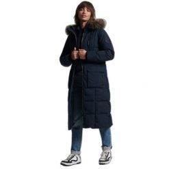 Damski płaszcz ze sztucznego futra Superdry Everest. Niebieskie płaszcze damskie Superdry, bez wzorów, bez kaptura. Za 816.05 zł.