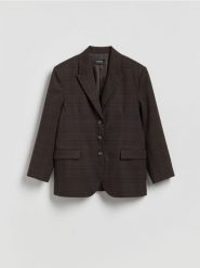 Jednorzędowa marynarka w kratę - ciemnobrązowy. Brązowe marynarki i żakiety damskie Reserved, l, bez wzorów, z tkaniny. Za 259.99 zł.