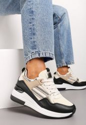 Beżowo-Czarne Sneakersy z Niskim Koturnem i Ozdobnymi Wstawkami Ysabeltia. Brązowe obuwie sportowe damskie Renee, z materiału, bez zapięcia. Za 119.99 zł.