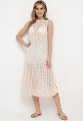 Beżowa Ażurowa Tunika Boho bez Rękawów Kimalia. Brązowe tuniki damskie Born2be, na co dzień, na lato, m, z aplikacjami, boho, bez kołnierzyka, bez ramiączek. Za 99.99 zł.