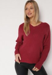 Bordowy Sweter z Domieszką Kaszmiru z Dekoltem w Serek Feralaine. Czerwone swetry klasyczne damskie Born2be, z jeansu, bez kołnierzyka. Za 109.99 zł.