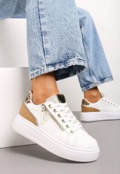 Biało-Złote Sneakersy na Platformie Ozdobione Suwakami Halimedia. Białe obuwie sportowe damskie Born2be, z materiału, bez zapięcia. Za 99.99 zł.