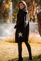 Kardigan z Kapturem i Motywem Gwiazdy - Czarno Srebrny. Czarne kardigany damskie MOE, l, bez wzorów, z materiału. Za 283.90 zł.