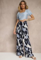 Niebieskie Szerokie Spodnie High Waist z Wiskozą w Panterkowy Wzór Zeviera. Niebieskie spodnie materiałowe damskie Renee, bez wzorów, z jeansu. Za 44.99 zł.
