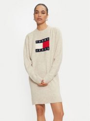 Tommy Jeans Sukienka dzianinowa DW0DW18719 Beżowy Loose Fit. Brązowe sukienki damskie Tommy Jeans, bez wzorów, z dzianiny, bez ramiączek. Za 559.99 zł.