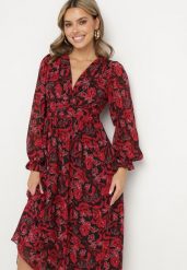 Bordowa Maxi Sukienka z Kopertowym Dekoltem w Modny Print Ceconna. Czerwone sukienki damskie Born2be, bez wzorów, bez ramiączek. W wyprzedaży za 144.49 zł.