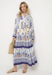 Niebieska Wiskozowa Sukienka w Etniczne Wzory o Rozkloszowanym Kroju Xarisen. Niebieskie sukienki damskie Born2be, bez wzorów, z wiskozy, eleganckie, bez ramiączek. Za 99.99 zł.