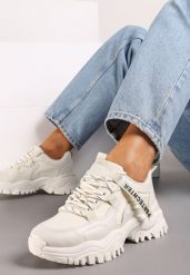 Beżowe Sneakersy na Masywnej Podeszwie z Ozdobną Taśmą Razhe. Brązowe obuwie sportowe damskie Born2be, bez zapięcia. Za 99.99 zł.
