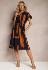 Granatowa Pudełkowa Sukienka z Ozdobnym Wzorem i Sznurkiem w Talii Sidna. Niebieskie sukienki damskie Renee, bez wzorów, bez ramiączek. Za 69.99 zł.