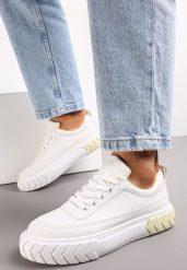 Biało-Żółte Sneakersy na Tłoczonej Platformie Ozdobione Łańcuchem Jaihini. Białe obuwie sportowe damskie Renee, bez zapięcia. Za 49.99 zł.