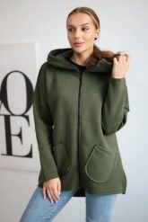 Bluza ocieplana z dłuższym tyłem i kieszeniami khaki. Brązowe bluzy damskie KESI, l, bez wzorów, z bawełny, bez kaptura. Za 198.65 zł.