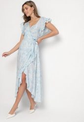 Niebieska Bawełniana Sukienka o Asymetrycznym Kroju z Falbankami w Kwiaty Jommea. Niebieskie sukienki damskie Born2be, bez wzorów, z bawełny, eleganckie, bez ramiączek. Za 179.99 zł.