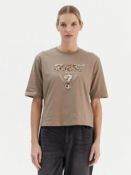 Guess T-Shirt V4YI06 I3Z14 Beżowy Regular Fit. Brązowe t-shirty damskie Guess, xl, z aplikacjami, z bawełny, bez kołnierzyka. Za 199.99 zł.